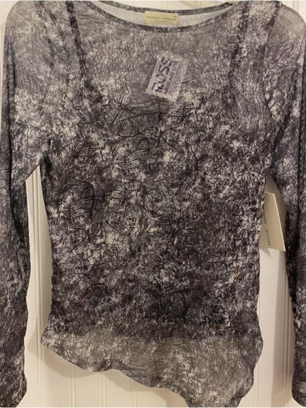 black + white asymmetrical camo mesh top